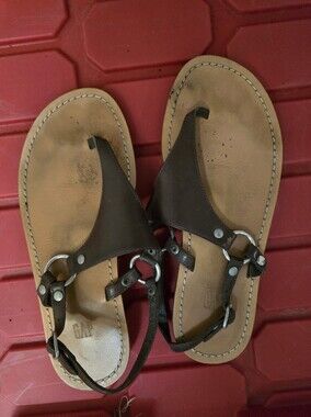 GAP Brown Leather T-Strap Sandals with Silver Ring Accents